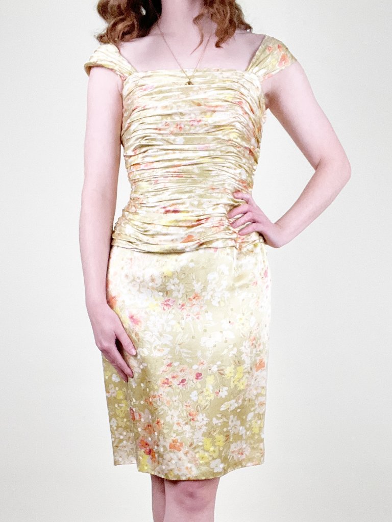 Vintage 60s 70s Mid Century Corset Silk Midi Dress Floral Print 1960's 1970's